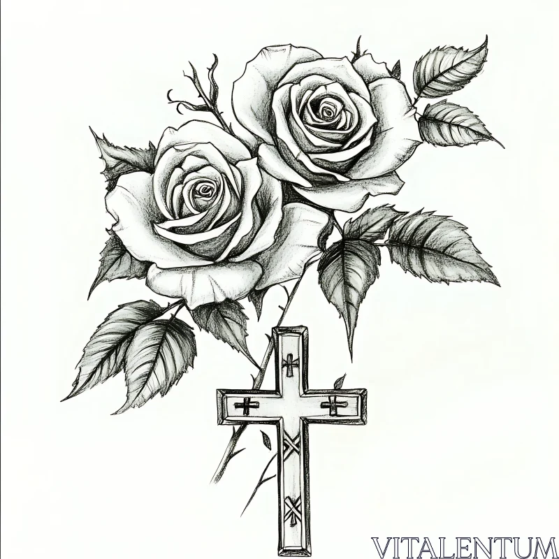 Elegant Rose and Cross Pencil Drawing AI Image