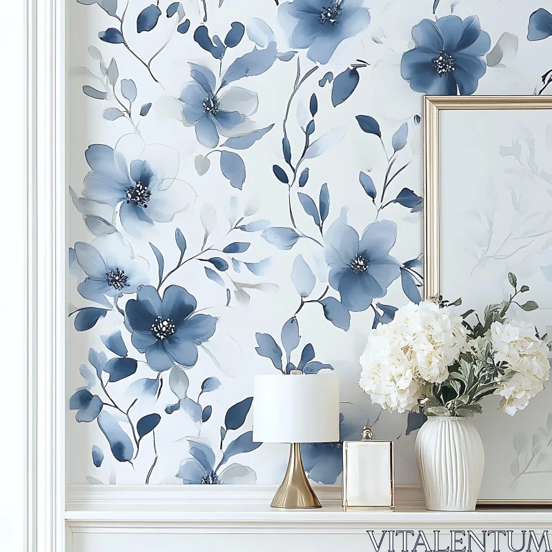 Blue Floral Wallpaper and White Accents AI Image