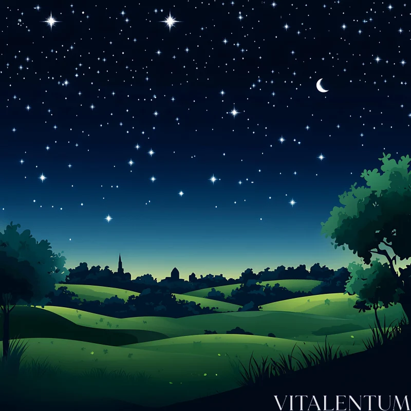 AI ART Night Landscape with Moon and Stars