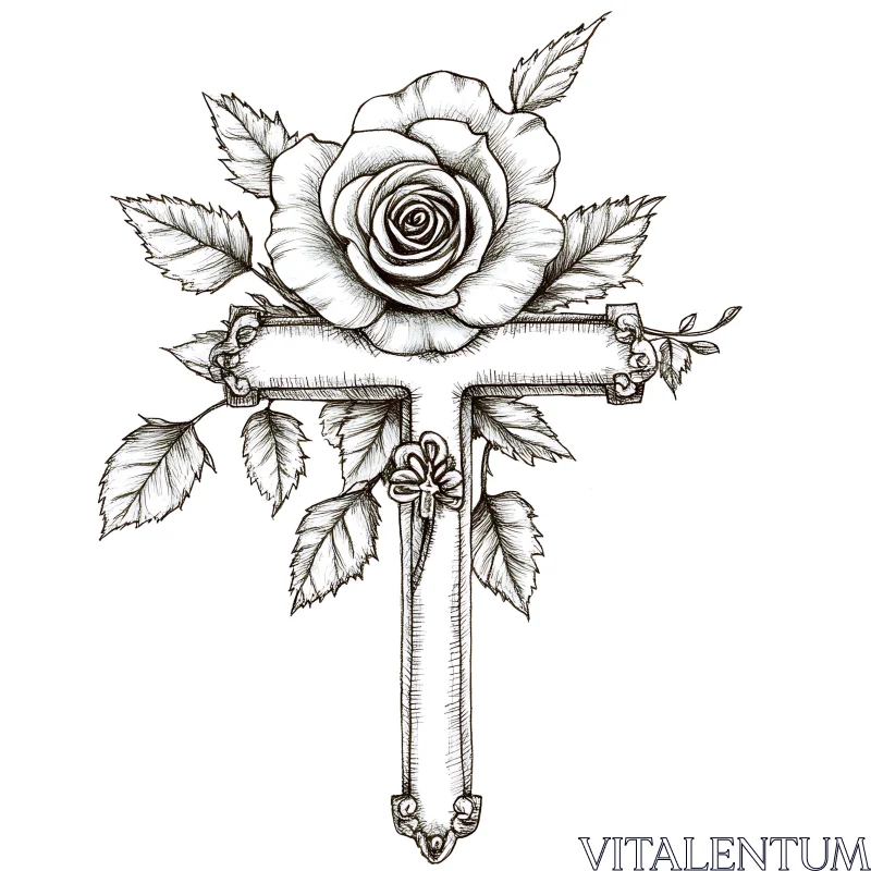 Detailed Rose and Cross Sketch AI Image