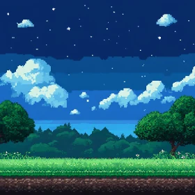 Starry Pixel Night Over Green Field