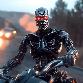 Robot with Red Eyes Riding Motorcycle