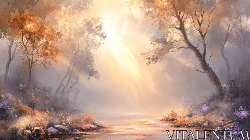 Sunlit Forest Mist AI Image