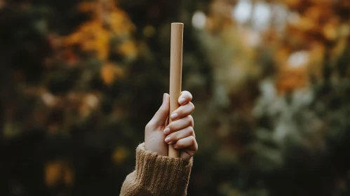 Wooden Stick Held Aloft in Autumn Scene