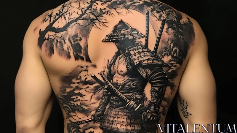 Intricate Full-Back Samurai Tattoo Design AI Image