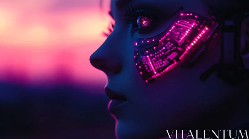 Neon Lit Cyborg Face at Sunset AI Image