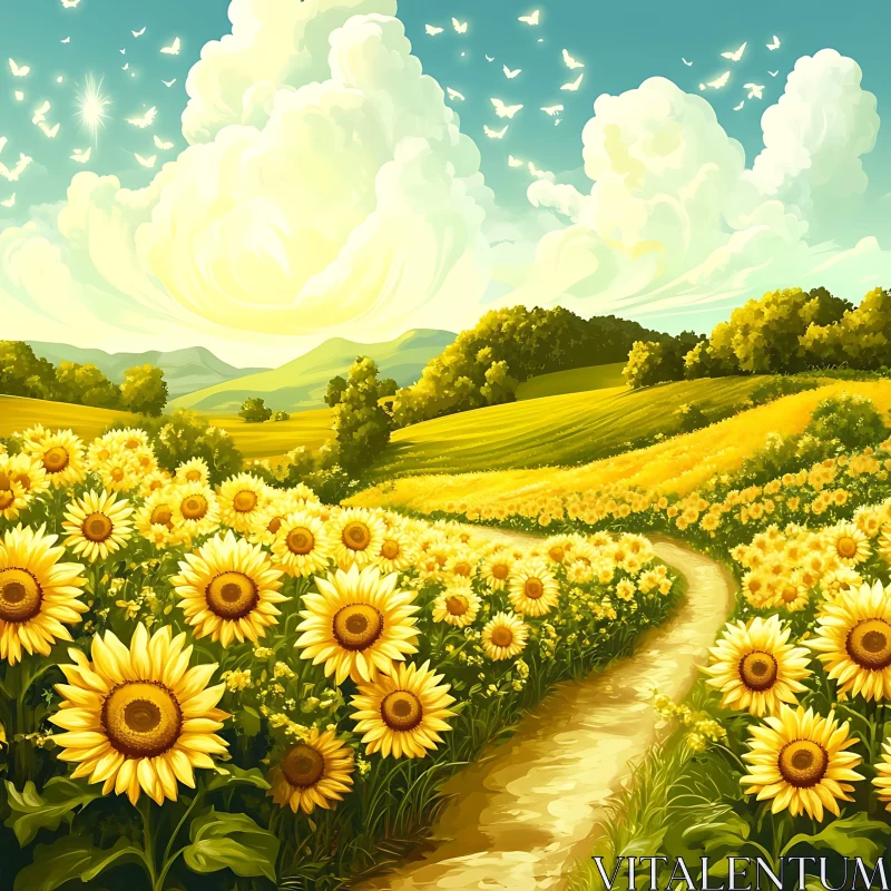 AI ART Golden Sunflower Meadow with Winding Path