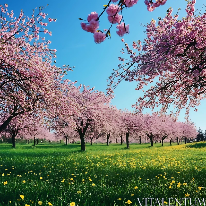 Pink Blossom Trees Meadow Landscape AI Image