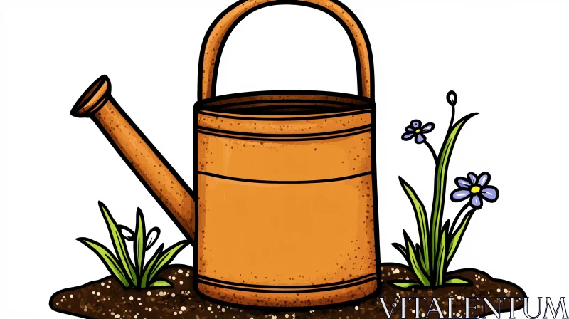 Orange Watering Can with Blue Flowers Artwork AI Image