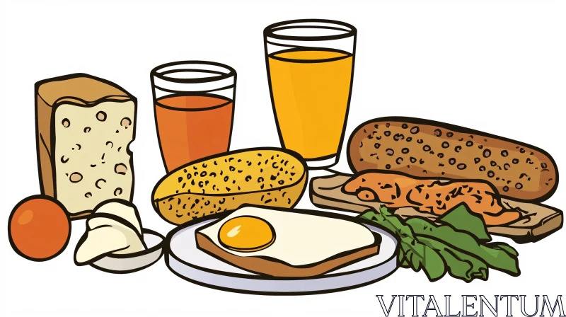 Morning Meal Illustration with Egg, Cheeses, and Juices AI Image