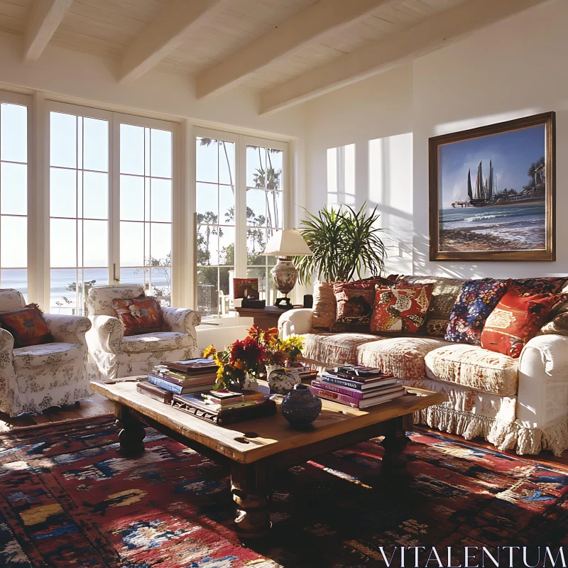 Sunlit Living Room with Ocean View AI Image