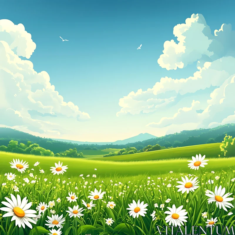 AI ART Blooming Meadow with White Daisies