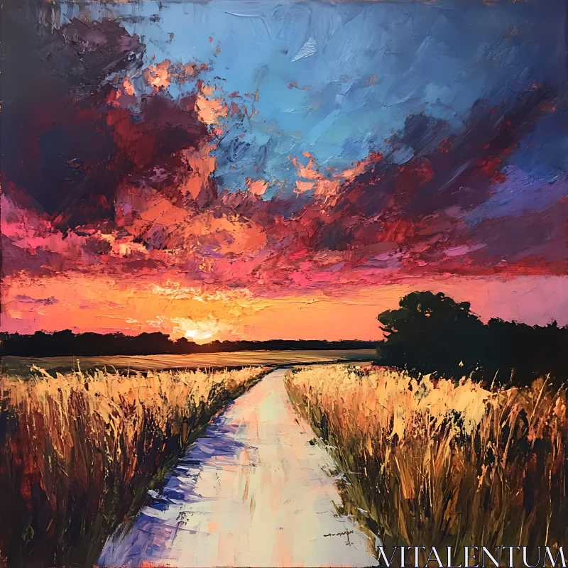 AI ART Golden Field Path at Sunset