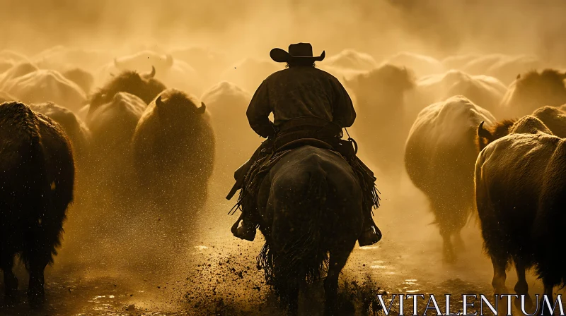 AI ART American West: Cowboy Leading Bison Herd