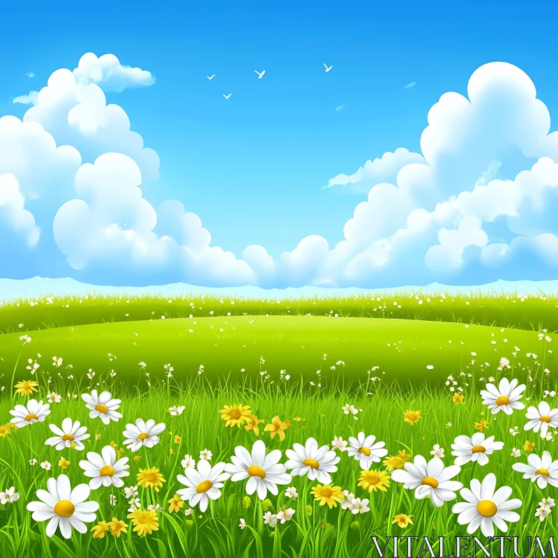 AI ART Floral Meadow with Daisies and Blue Sky