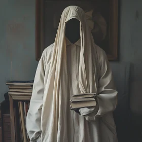 Surreal Monochrome Figure Holding Books