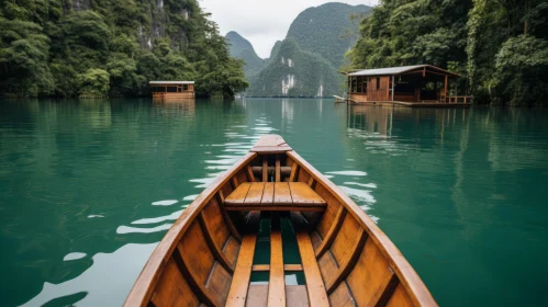 Captivating Nature Art: A Serene Wooden Boat Amidst Majestic Mountains