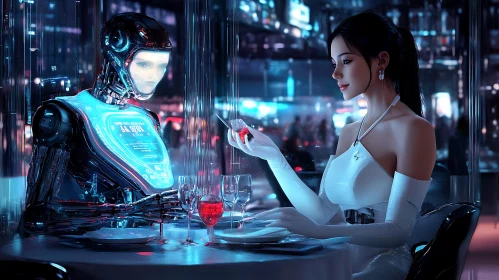 Romantic Technology: Woman and Robot Dining Scene