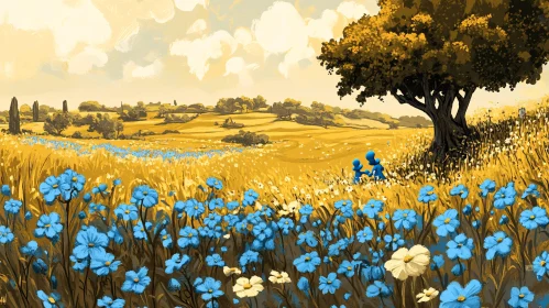 Idyllic Field with Blue Flowers and Tree