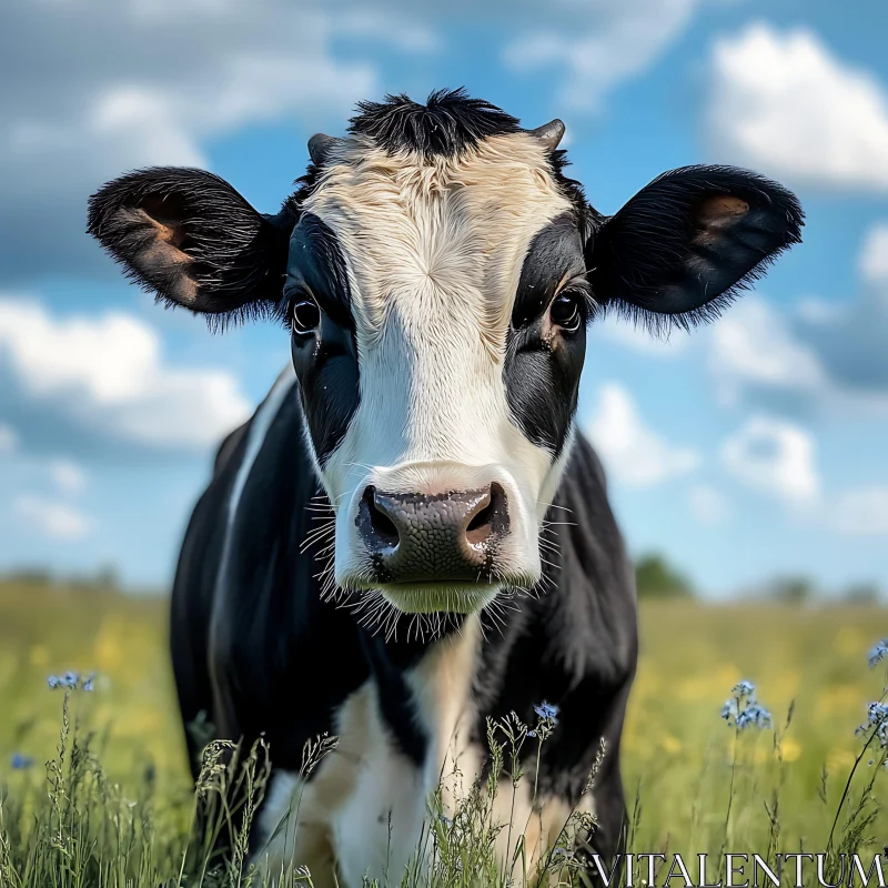 Black and White Cow in Meadow AI Image