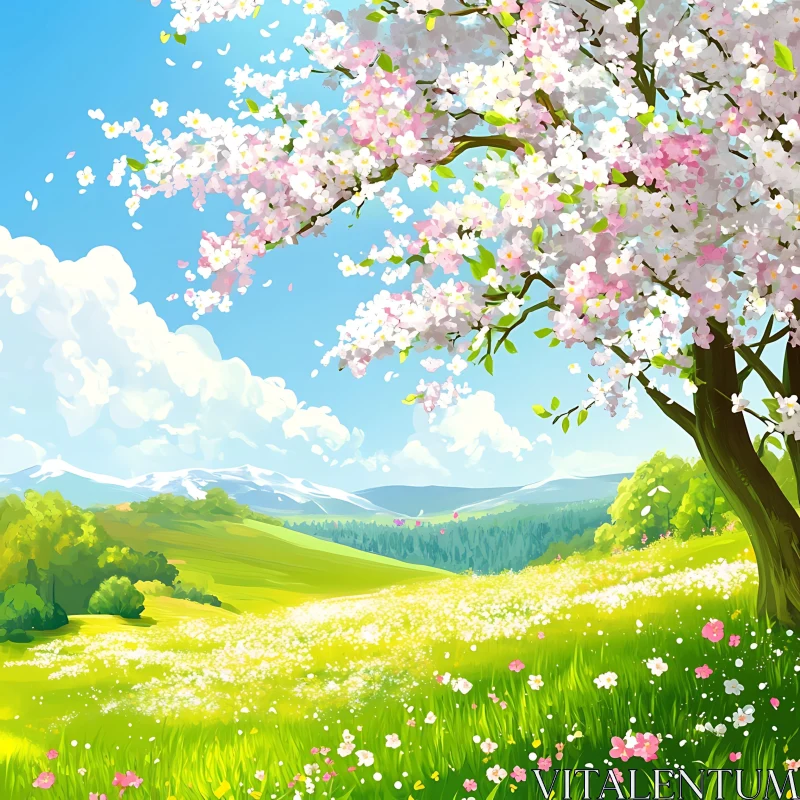 AI ART Spring Meadow with Blossoming Tree