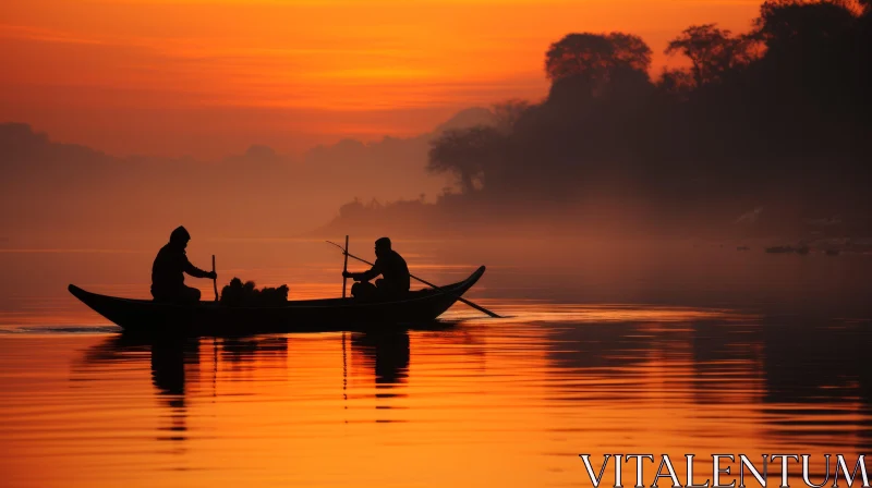 Tranquil Silhouetted Boat on Calm Waters - Traditional Art AI Image