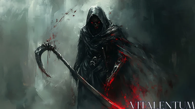 AI ART Hooded Reaper with Bloody Scythe