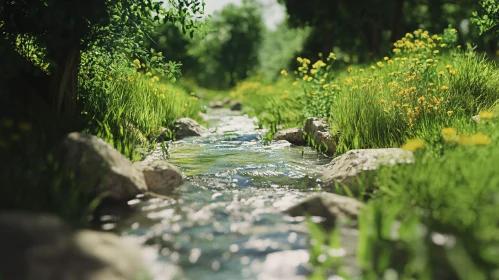 Tranquil Flowing Stream Among Blossoming Wildflowers