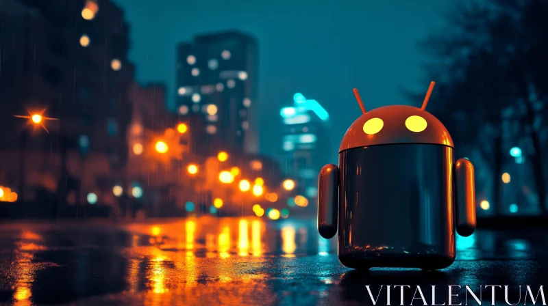 Neon Illuminated Robot on Rainy Night Street AI Image