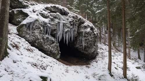 Winter Cave in a Snowy Forest