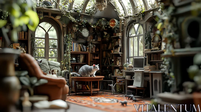 AI ART Cozy Interior with Cat and Greenery