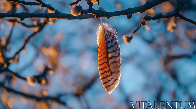 AI ART Single Feather on Branch During Winter Sunset