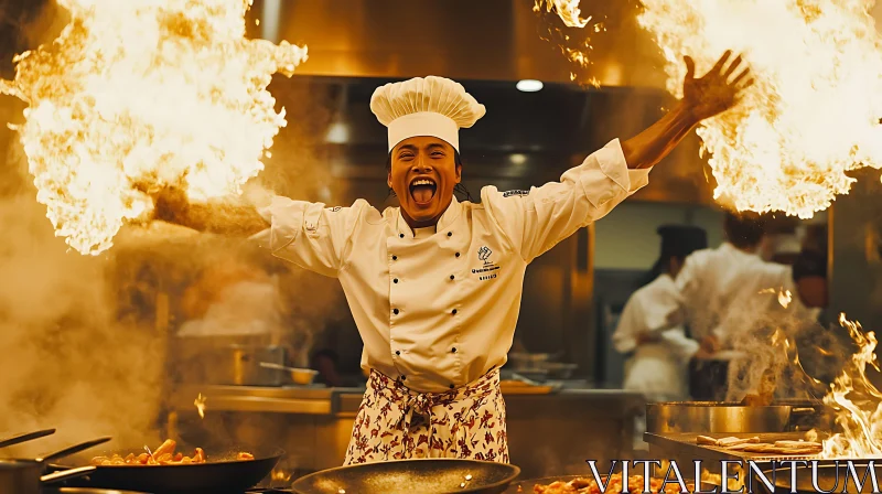 Chef Creating Flames in the Kitchen AI Image