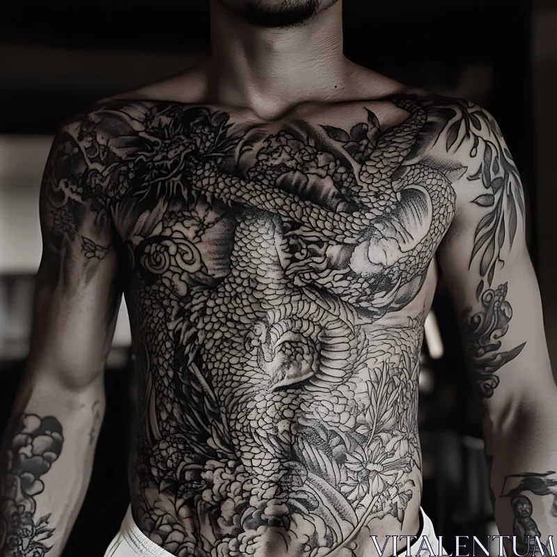 Detailed Mythical Dragon Tattoo on Chest AI Image