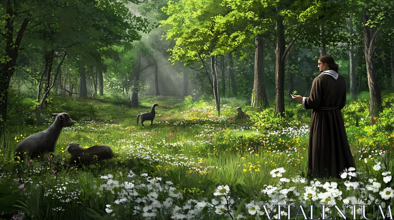 AI ART Peaceful Forest Glade with Grazing Sheep