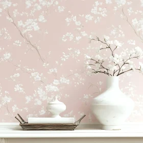 White Flowers in Vase on Pink Floral