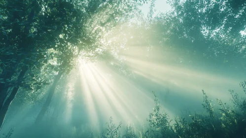 Ethereal Sunrays in a Misty Forest