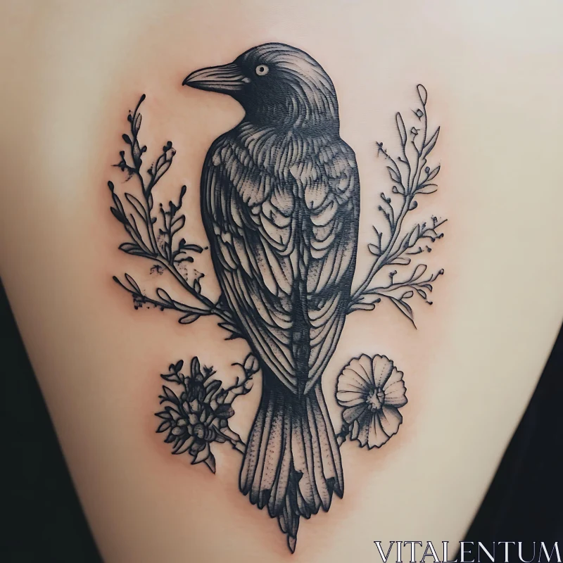 Detailed Black Ink Tattoo of a Crow with Flowers AI Image