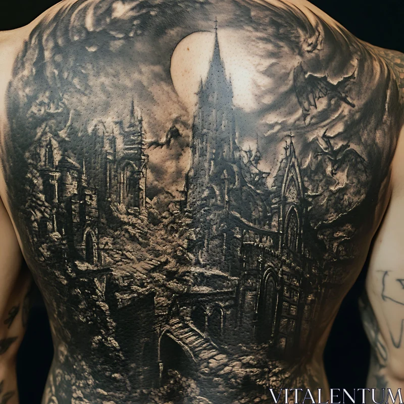 Gothic Back Tattoo with Castle and Moon AI Image