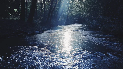 Serene Sunlit River in the Forest