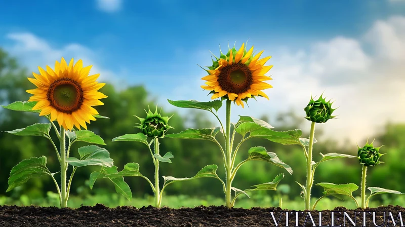 Field of Sunflowers Growing Tall AI Image