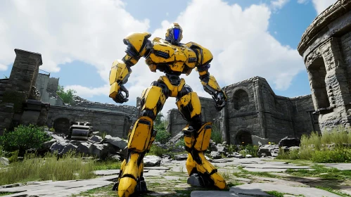 Yellow Robot Amidst Ancient Ruins