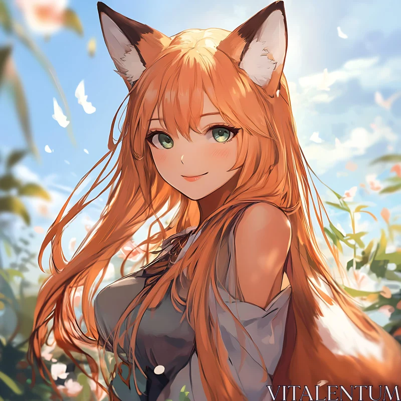 AI ART Whimsical Fox-Girl with Blossoms