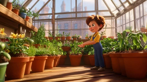 Boy with Plants in Greenhouse