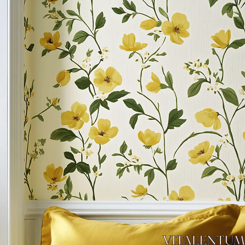 Yellow Floral Pattern on Wallpaper AI Image