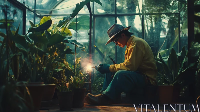 Man Welding in a Greenhouse AI Image