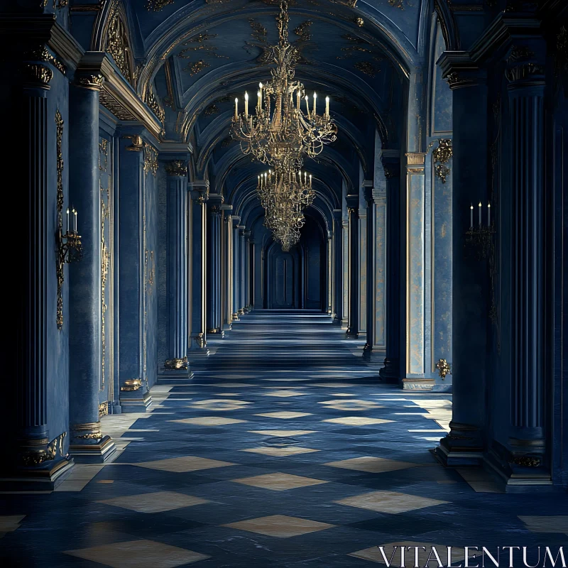 AI ART Grand Hallway with Gold Accents and Checkered Floor