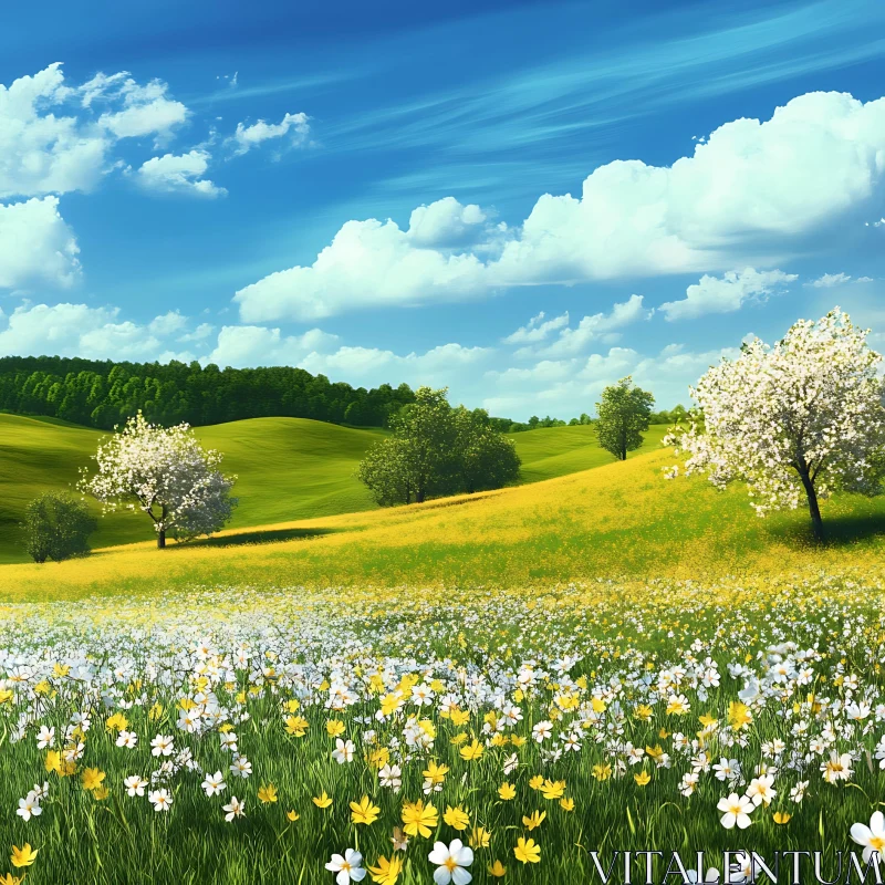 AI ART Floral Meadow Landscape with Green Hills