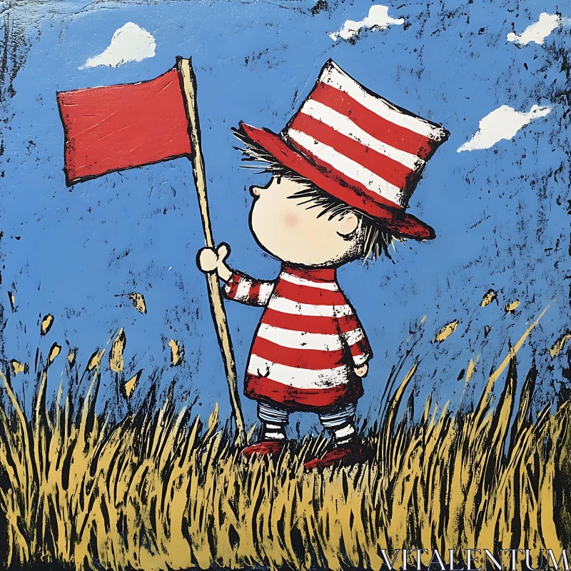 Striped Child in Field Painting AI Image