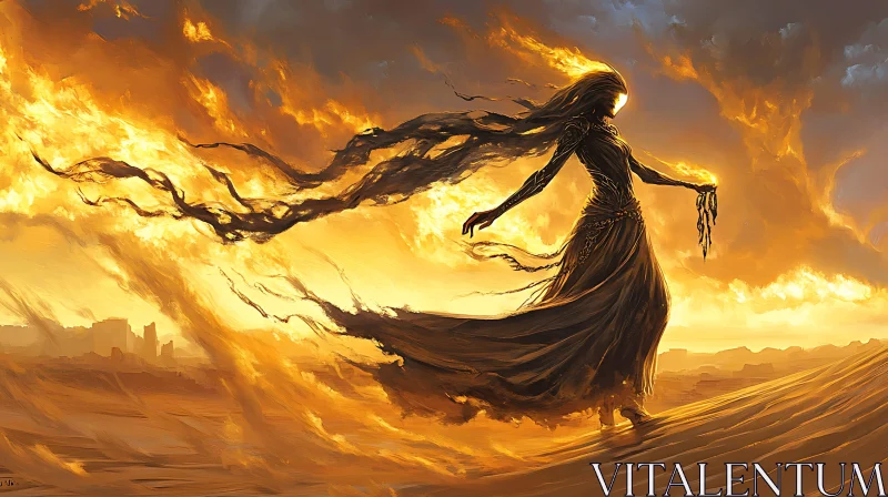 AI ART Golden Desert Woman with Fire